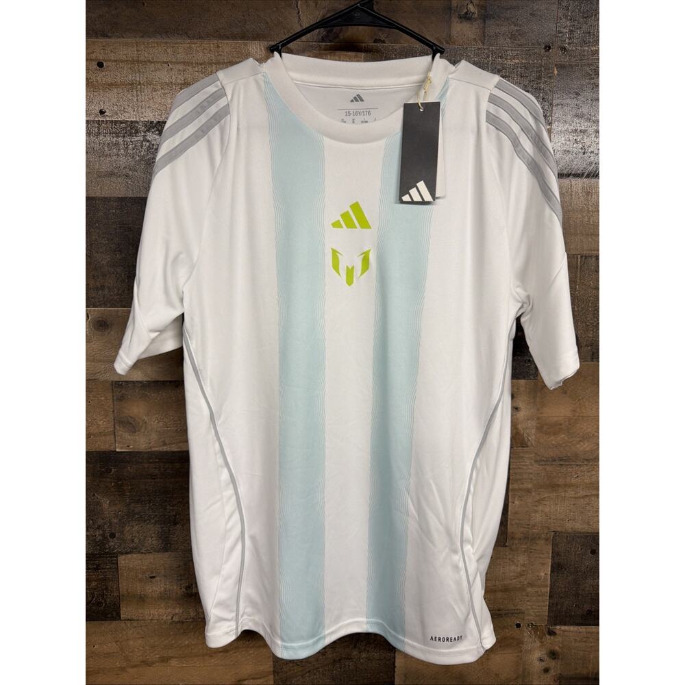 Adidas Messi Training Jersey Kids Size XL White Striped Short Sleeve NWT SKU 078